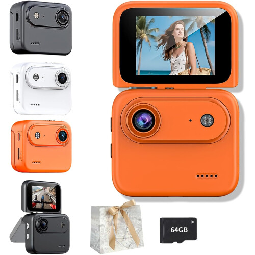 (Orange-64G, -) Κάμερα δράσης 4K 360, flip screen