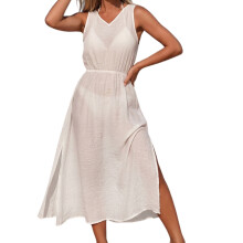 Fashionable Sheer Back Summer Dress Waist Cinching-White M