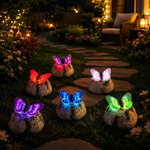 (Red, -) Beleuchteter Schmetterlingsstein Gartenleuchte, Solar LED Harzfigur 1