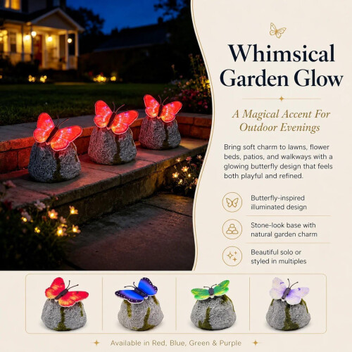 (Red, -) Beleuchteter Schmetterlingsstein Gartenleuchte, Solar LED Harzfigur 2