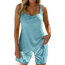 (#D, 3X-Large) Tweedelig body-bedekkende print boxer zwempak, slankend anti-blootstelling voor strandvakantie