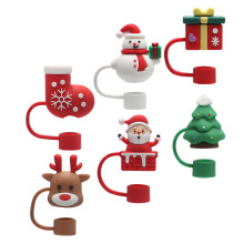 6St Herbruikbare Silicium Rietjesdoppen Cartoon Kerstdecoratie Gemengd