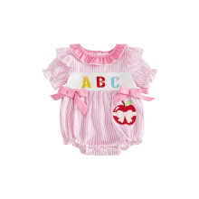 (12-18 Months, Pink) Baby Girls Romper, Short Sleeve Crew Neck Stripes Embroidery Infant Bodysuit Summer Clothes