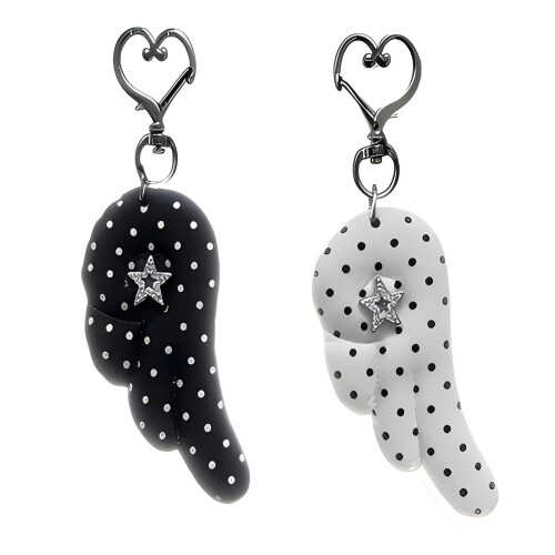 Charm Dot Fabric Keychain Heart Shape With Wing Decoration-Black 1