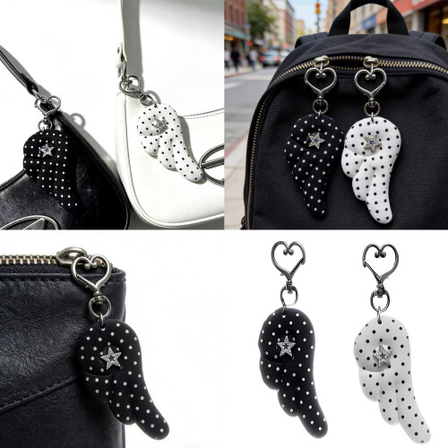 Charm Dot Fabric Keychain Heart Shape With Wing Decoration-Black 2