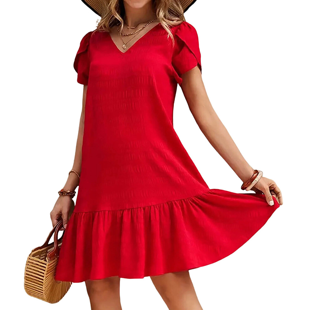 Summer Dress for Women Casual Floral Midi Sundress-Red XXXL