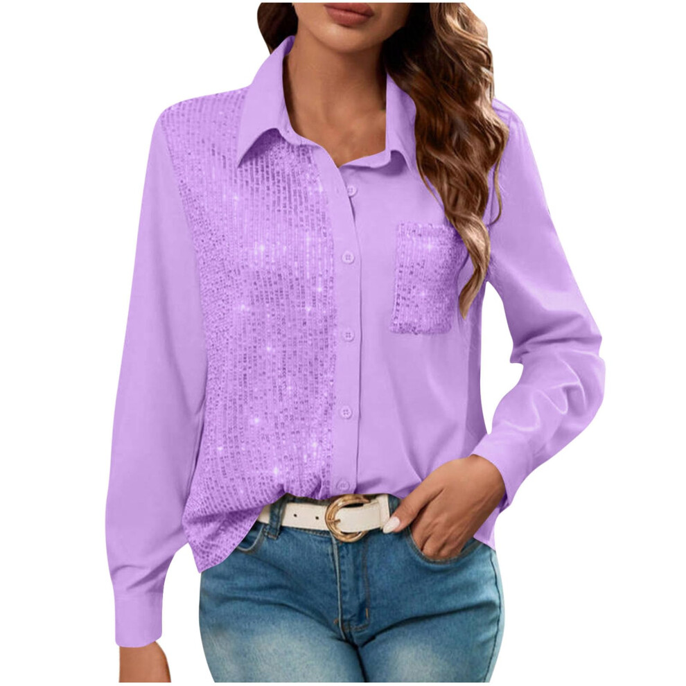Purple Women's Sequin Tops Sparkle Long Sleeve Blouses- M
