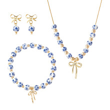 Graceful Ceramic Bowknot Bead Jewelry Set Blue White-Blue