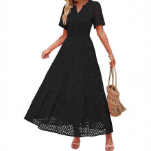 Elegant Maxi Dress Women Short Sleeve V Neck Eyelet-Black S