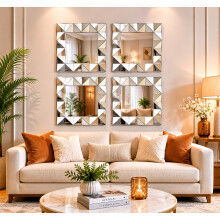 4x Art Deco Style 3D Wall Mirror Square Frame 40Cm