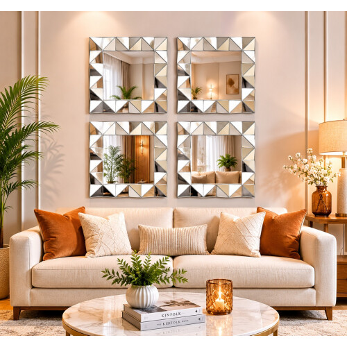 4x Art Deco Style 3D Wall Mirror Square Frame 40Cm