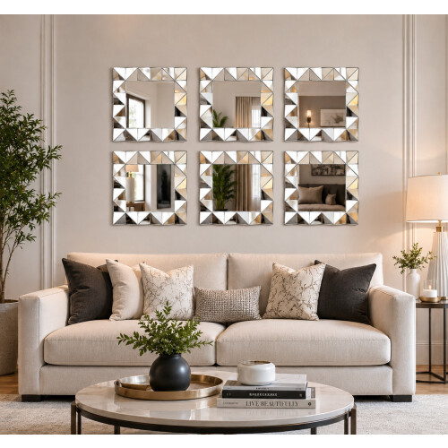 6x Art Deco Style 3D Wall Mirror Square Frame 40Cm