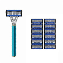 (Blue-12 blades) Razor Classic 6-messing veiligheidsscheermes voor mannen en vrouwen, 27 scheermesjes, handmatig scheerapparaat