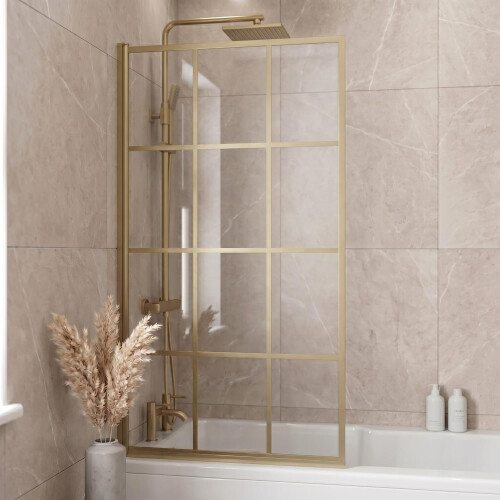 Purefino Grid Square Bath Shower Screen 800mm Brushed Brass - 6mm