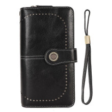 (XL) Cartera de mujer de piel con bloqueo RFID, gran capacidad, doble cierre a presión y correa de muñeca
