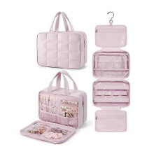 (Pink) Neceser de viaje con organizador de joyas, neceser colgante para artículos de aseo, neceser de maquillaje