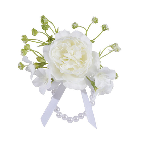 Corsage de poignet de bracelet de fleur de soie de perles-Blanc
