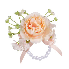 Beautiful Silk Flower Wristlet Artificial Pearls-Champagne