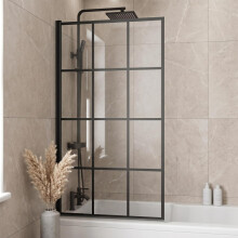 Bath Shower Screen Door Hinged 1400 x 800mm Framed Black Grid Square Safety Glass Panel