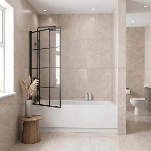 Bath Shower Screen Door Hinged 1400 x 800mm Framed Black Grid Square Safety Glass Panel 2