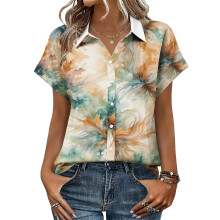 Women's V-neck short-sleeved shirt, casual positional-Yellow L