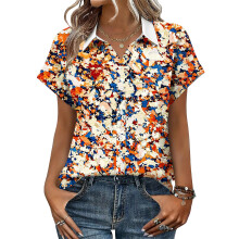 Women's V-neck short-sleeved shirt, casual positional-Brown XXL