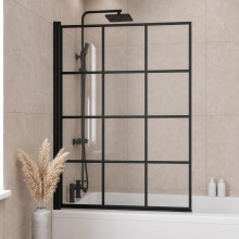 1000 x 1400mm Bath Shower Screen Door Hinged Framed Black Grid Square Safety Glass Panel