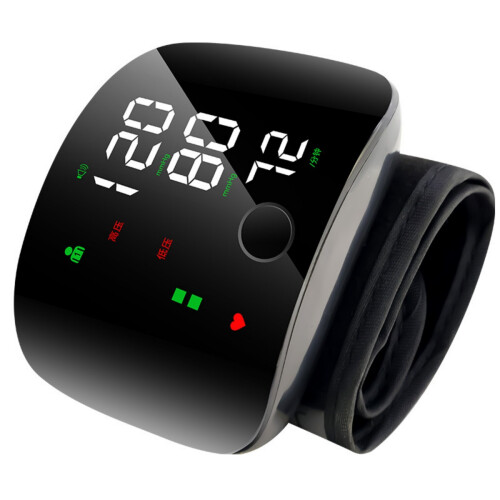 Oplaadbare polsbloeddrukmeter met slim touchscreen, groot display en draagbaar ontwerp.