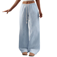 Women's striped casual loose drawstring elastic-Sky Blue XS