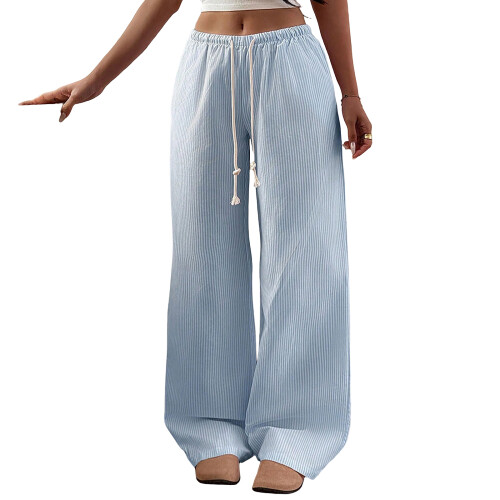 Women's striped casual loose drawstring elastic-Sky Blue XS