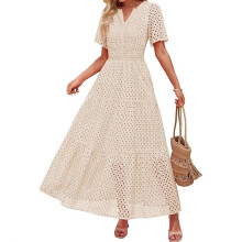 Women Summer Short Sleeve V Neck Eyelet High Waist A-apricot L
