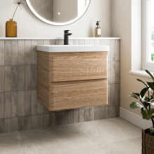 Purefino 600mm Vanity Unit Wash Basin Sink Bathroom Wall Mounted Storage Cabinet Cupboard Cloakroom, Soft Close Drawers, Wood Oak Effect