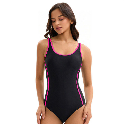 Stylish Solid Color Women's Conjoined Bathing- bl1ack pink XXL