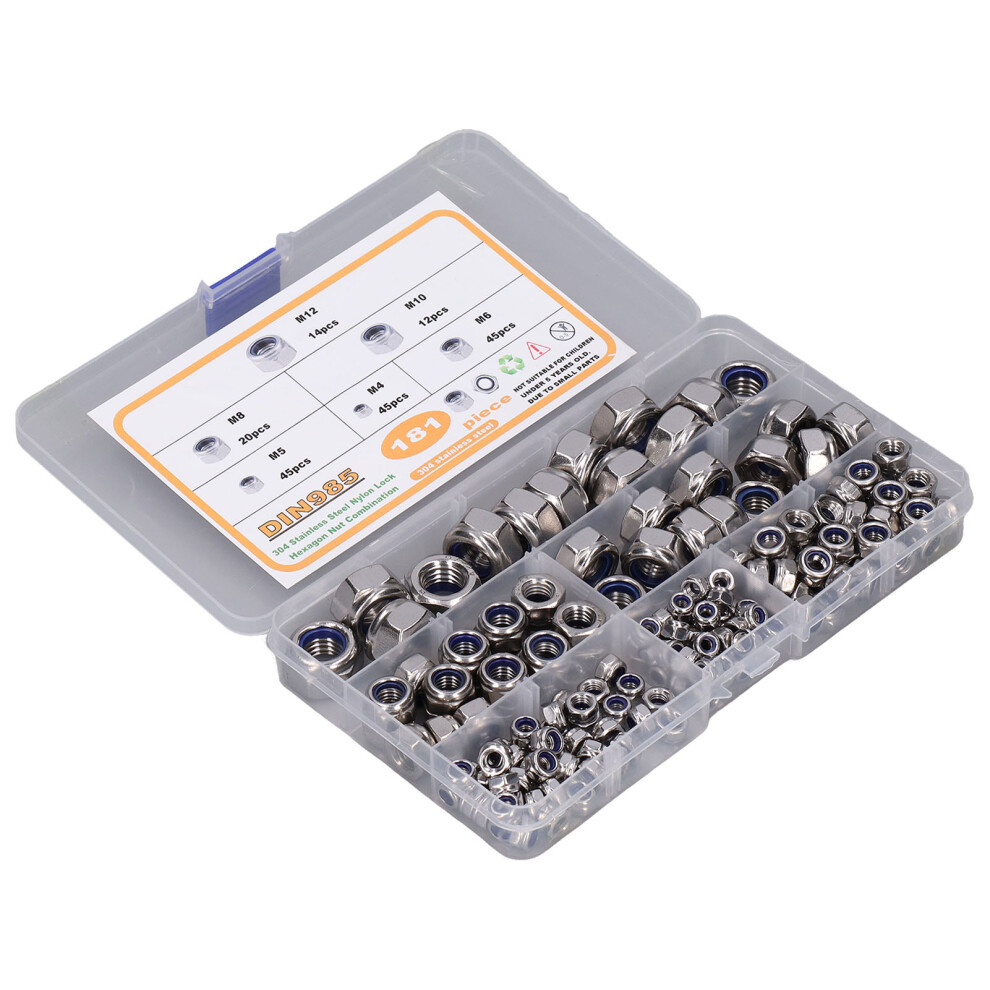 181PCS Hardware Nuts 304 SS Nylon Insert