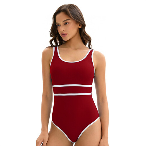 Women Solid Color Backless Conjoined Swimsuit High-Red S