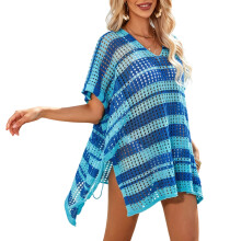Fashionable Crochet Cover Up Blouse With Waist Tie For-Blue