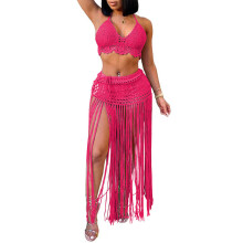 Frauen Hollows Crochet Short Badeanzug Rock Beachwear-Rosenrot