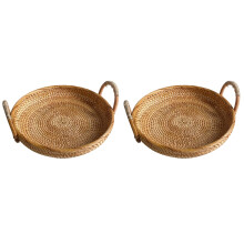 2Pcs Lightweight Khaki Round Wicker Tray with Handles for Home Storage