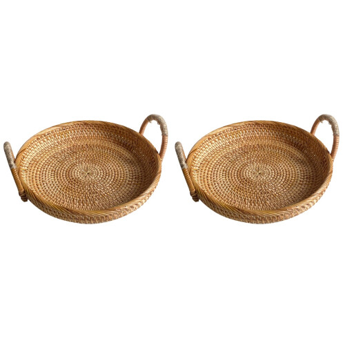 2Pcs Lightweight Khaki Round Wicker Tray with Handles for Home Storage