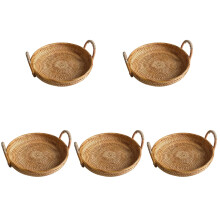 5Pièces Panier Rond En Rotin Poignées Couleur Kaki Pour Stockage