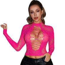 Women's Long Sleeve Mock Neck Mesh T-Shirt Nightclub-rose red