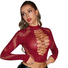 Women Fishnet Nightclub Lingerie Sparkly Rhinestones-Burgundy