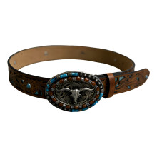 Antique Western Belt With Metal Bull Head Buckles And PU-125cm