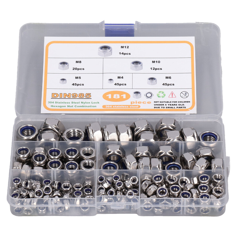 181PCS Hardware Nuts 304 SS Nylon Insert