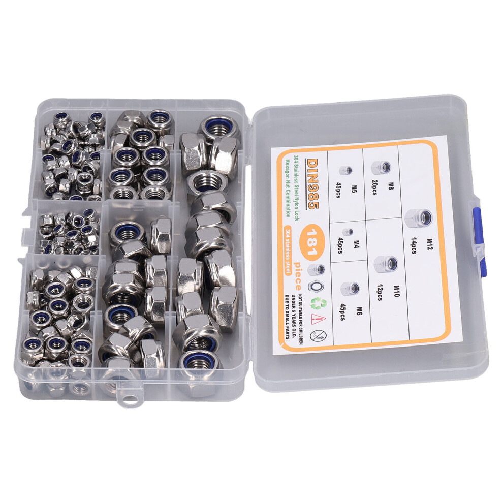 181PCS Hardware Nuts 304 SS Nylon Insert