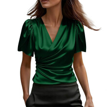 Women's Shirt V Neck Petal Short Sleeve Wrap Elegant-Green XXL