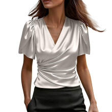 Women's Shirt V Neck Petal Short Sleeve Wrap Elegant-White S