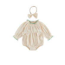 (6-12 Months, Khaki) Infant Girl Clothes Puff Long Sleeve Crew Neck Contrast Trim Soft Bubble Romper and Matching Bow Headband Set