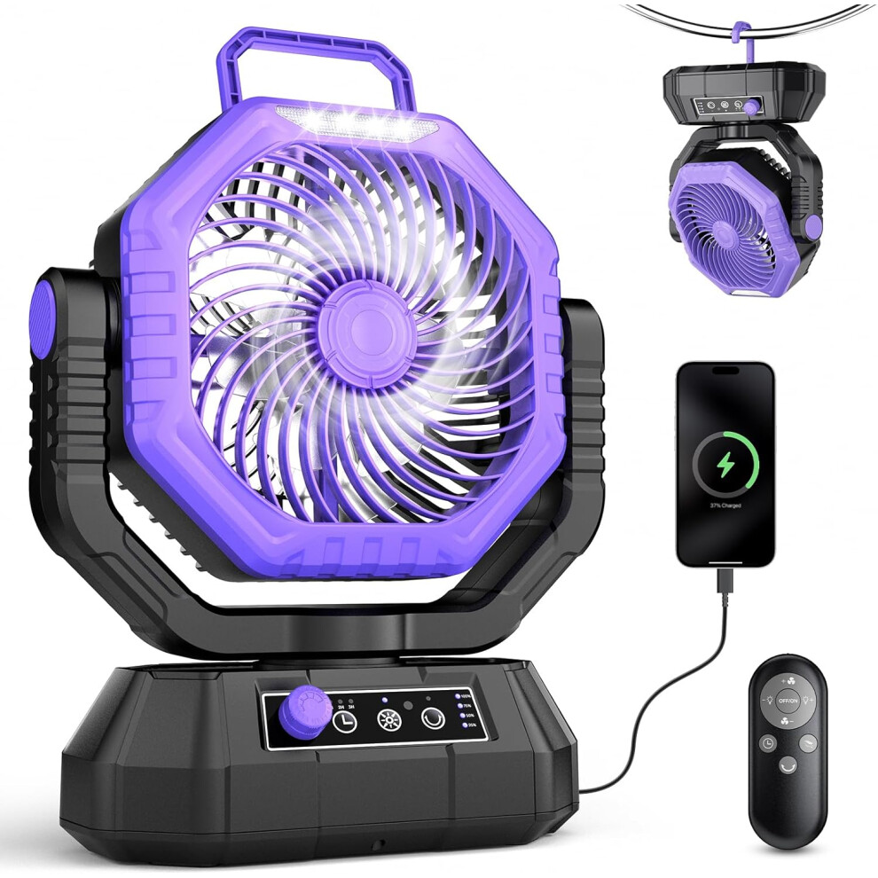 (Purple) Vthw Camping Fan, 20000Mah Rechargeable Battery Fan With Remote, Stepless Speed, 270 Rotation, Timer Mode, Hook, Led Light, 7437238232584