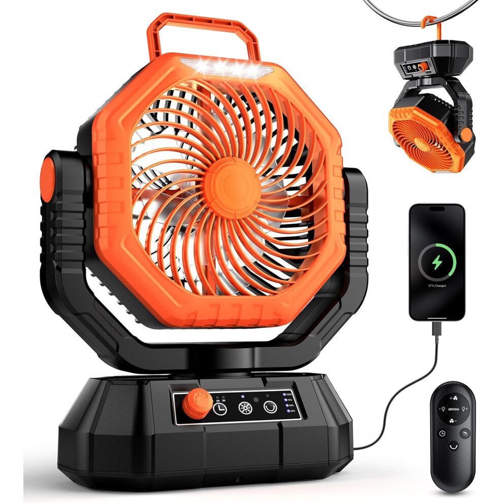 (Orange) Vthw Camping Fan, 20000Mah Rechargeable Battery Fan With Remote, Stepless Speed, 270 Rotation, Timer Mode, Hook, Led Light, 7437238232577